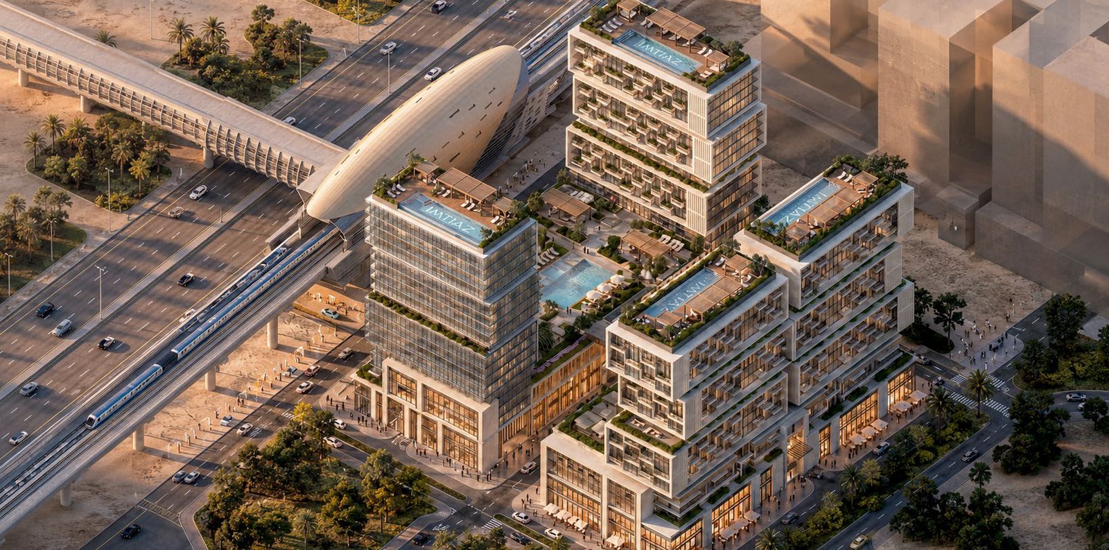Aerial view of RAW District showing the metro station, train line and Imtiaz towers on Sheikh Zayed Road, Jebel Ali