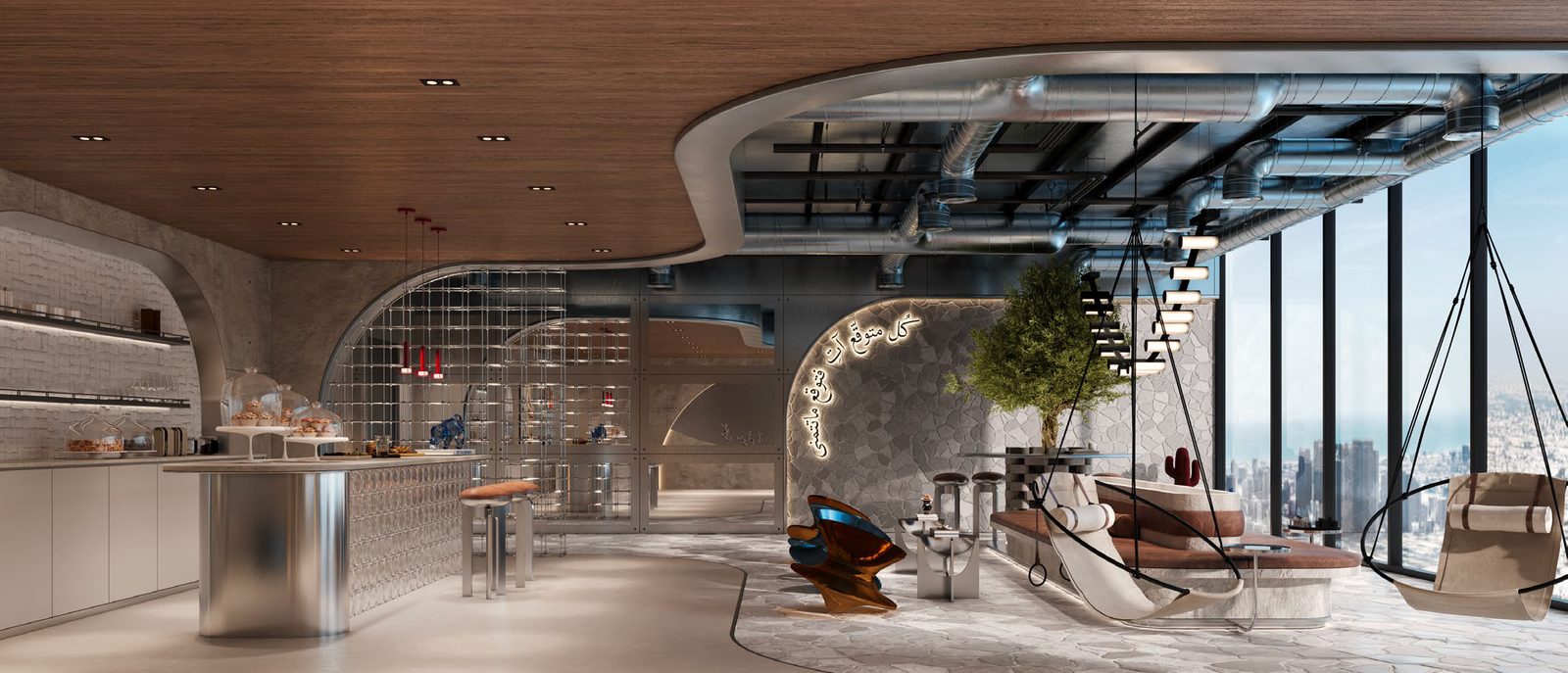 RAW District clubhouse lounge with sculptural furniture and skyline views