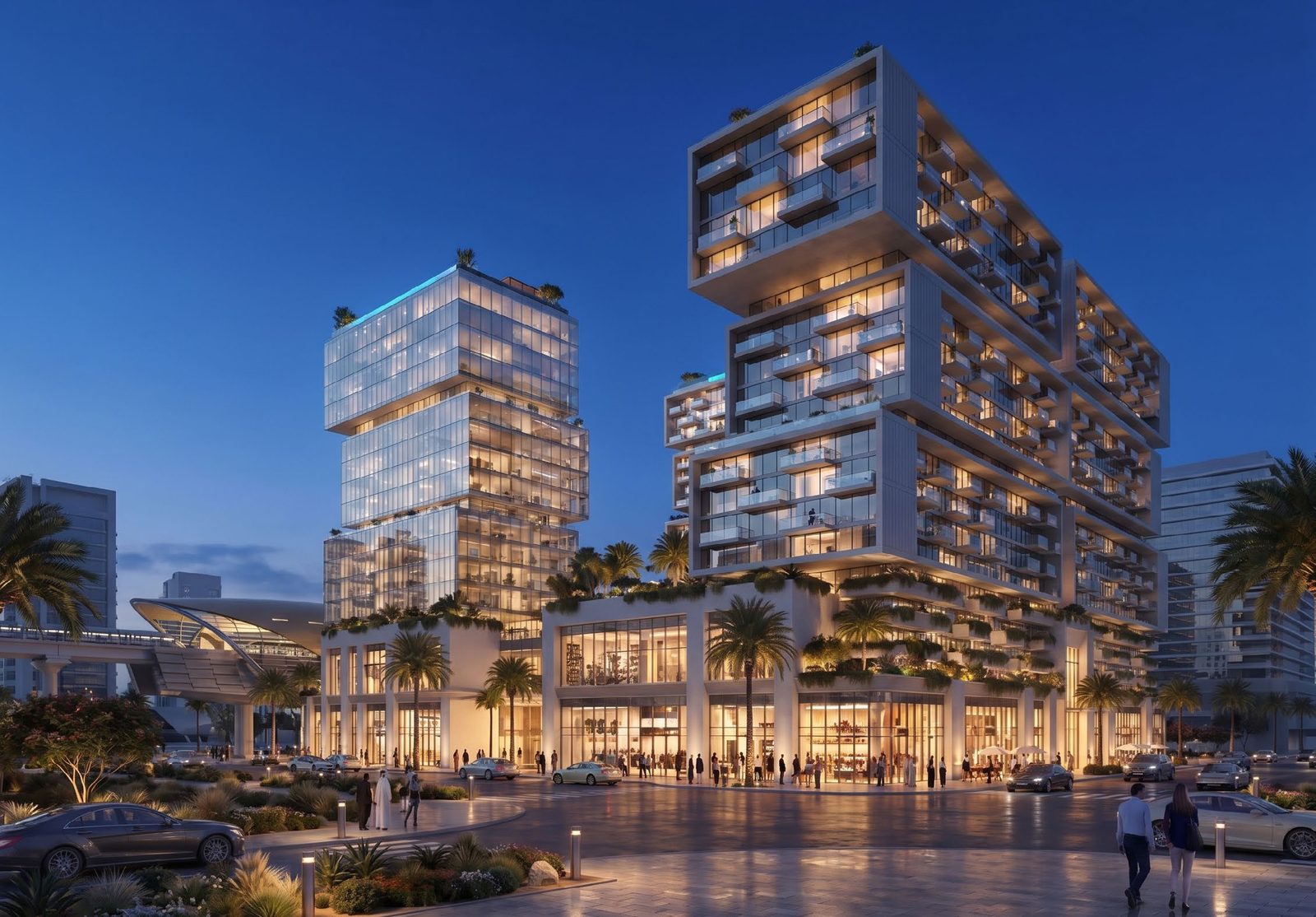 RAW District by Imtiaz illuminated towers at dusk on Sheikh Zayed Road, Jebel Ali, Dubai