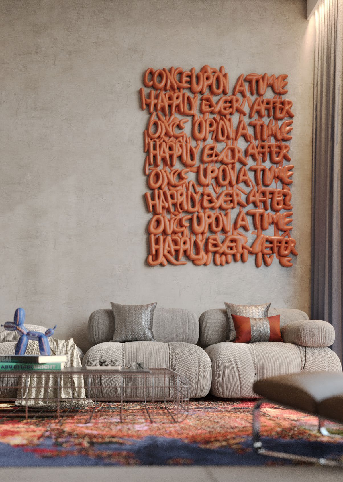 Fully furnished RAW District apartment interior with open kitchen, living area and floor-to-ceiling windows