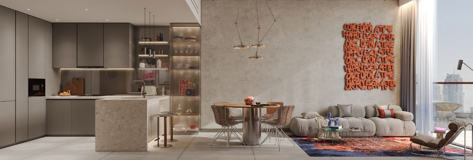 Wide view of a furnished one-bedroom apartment at RAW District